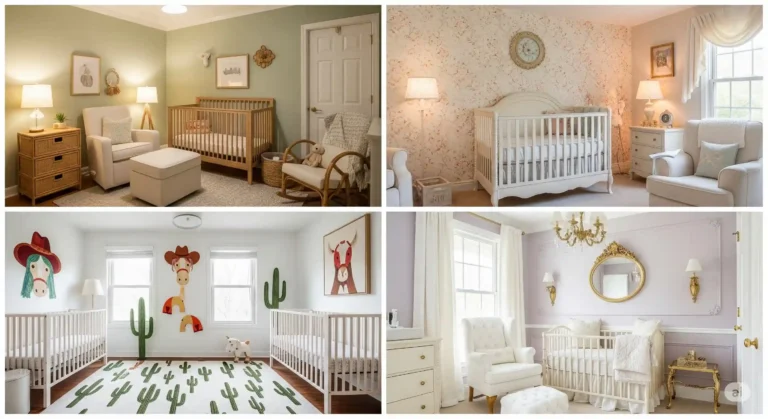 Colorful 4-box collage showcasing unique nursery decor ideas: gender-neutral sage green room, vintage floral-themed nursery, playful western-style baby room with cactus accents, and elegant French-inspired nursery with pastel tones.