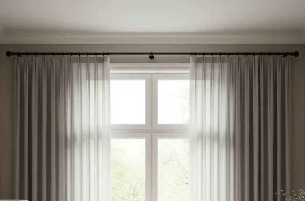 A modern living room with a large window and a 15-foot extra long curtain rod holding light gray curtains, creating a cozy atmosphere with natural light.