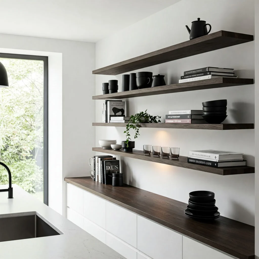 Sleek, modern kitchen with minimalist floating shelves displaying dishware and decor.