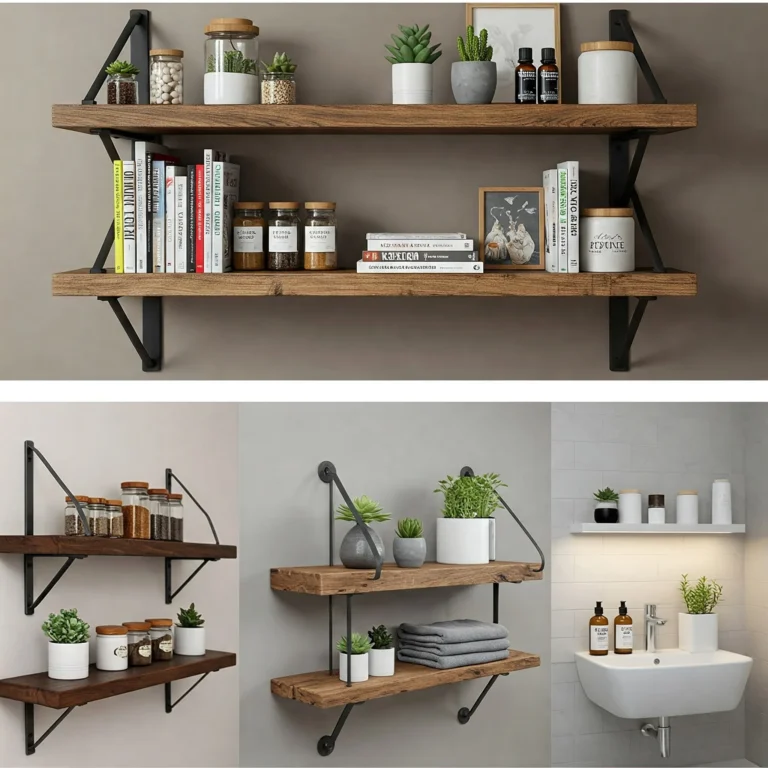 8 Ideas of Functional floating kitchen shelves with storage baskets and decor, maximizing space.