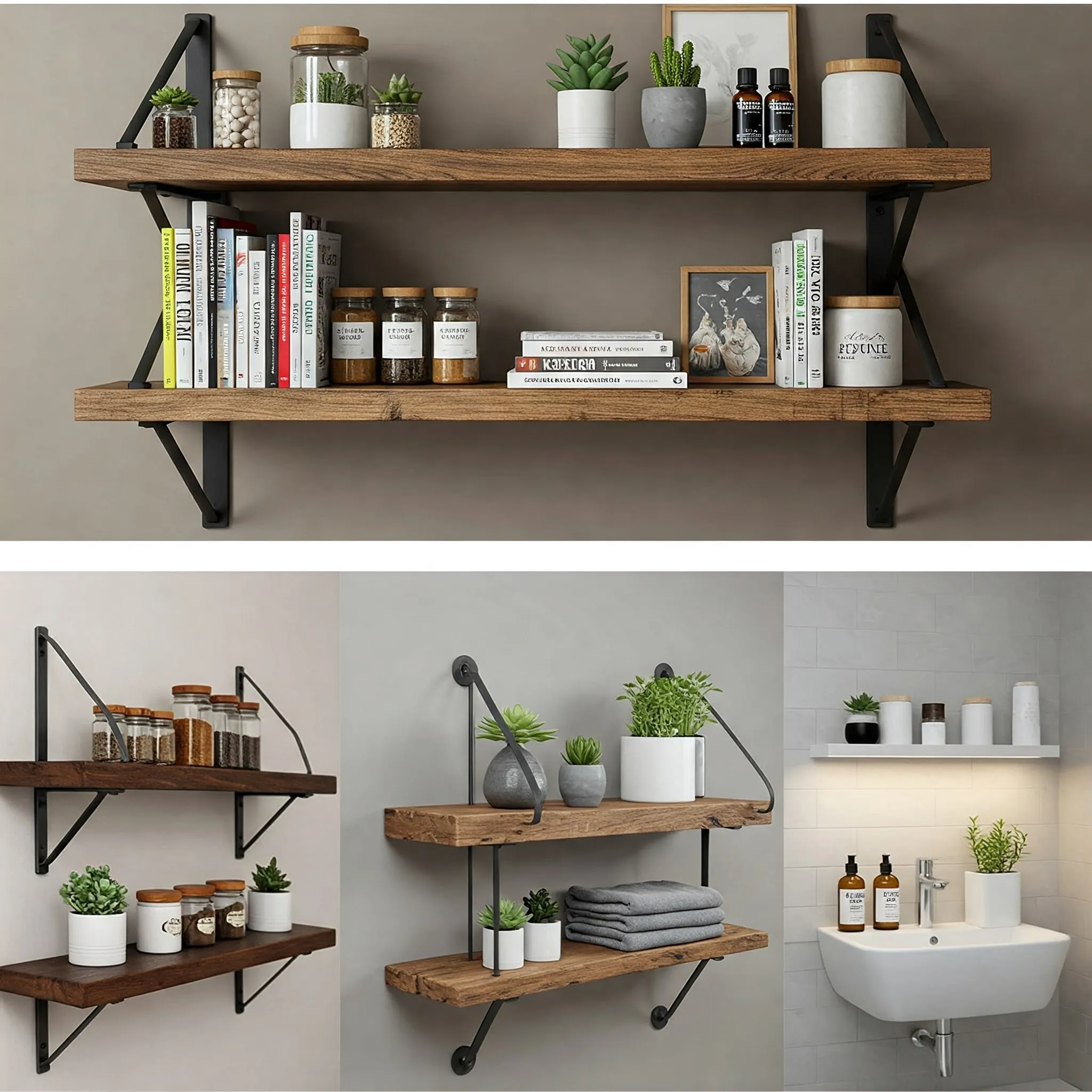8 Ideas of Functional floating kitchen shelves with storage baskets and decor, maximizing space.