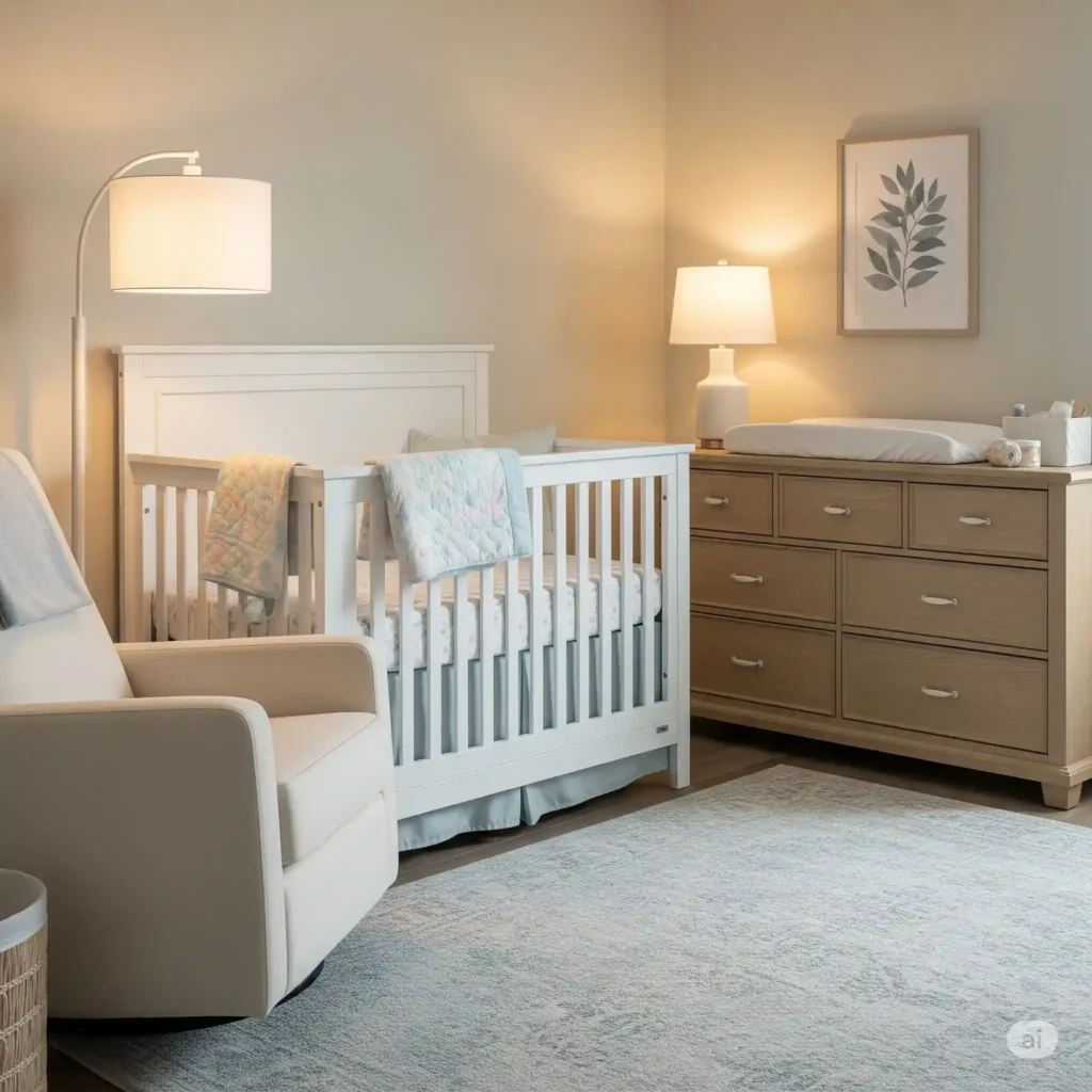 Nursery featuring convertible crib and cozy nursing corner