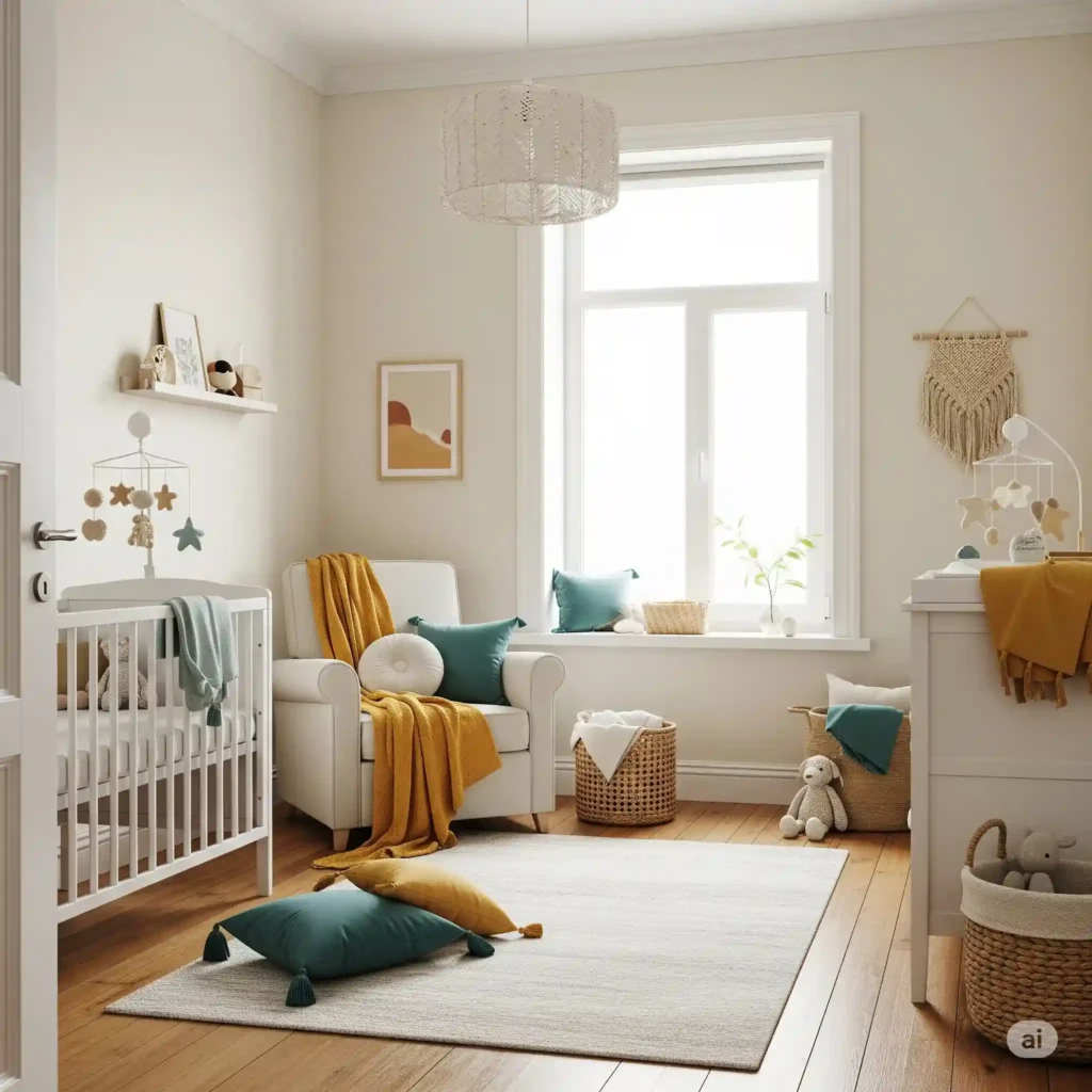 Gender-neutral nursery with colorful accents and a cozy vibe