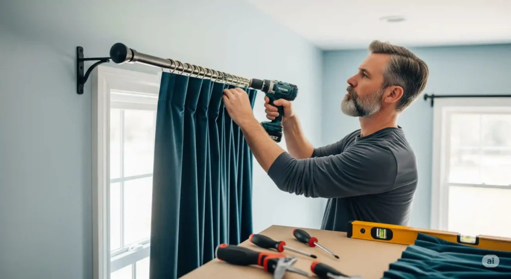 A person drilling a bracket into the wall to install a 12-foot extra long curtain rod above a window, with tools nearby for a DIY setup.
