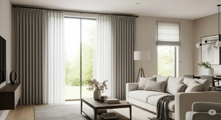 A bright modern living room with a 15-foot-wide window, showcasing a matte black extra long curtain rod holding light gray curtains, with a cozy sofa and soft natural light.