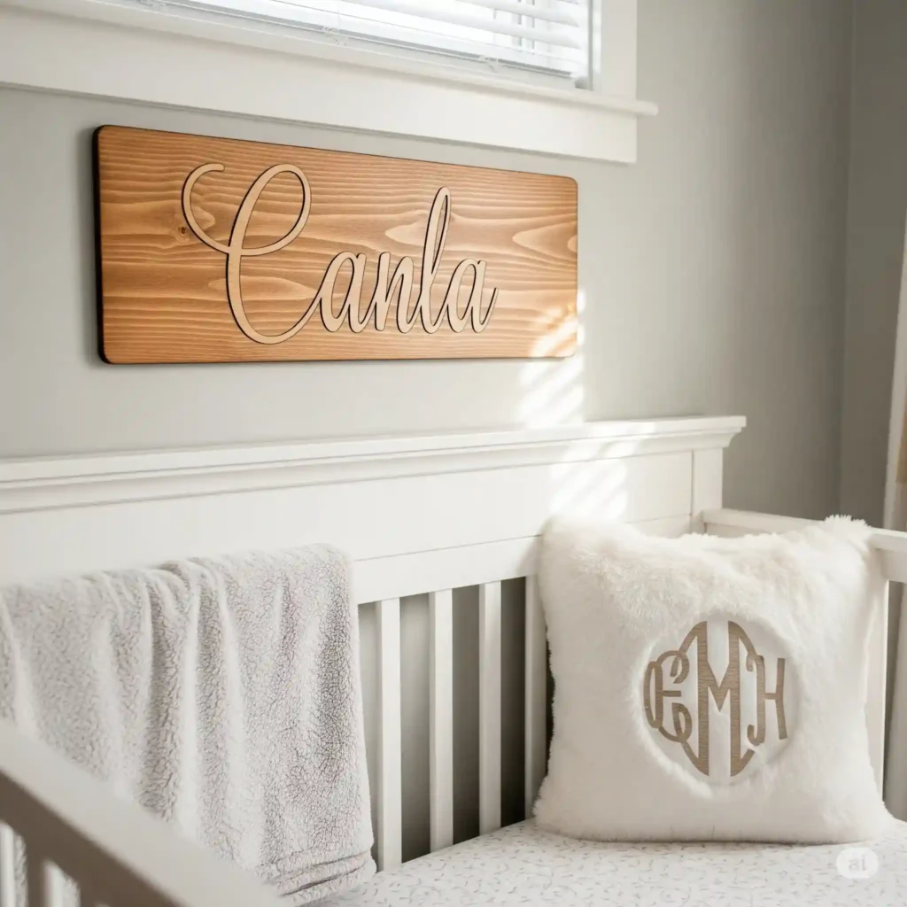 Nursery with wooden name sign and personalized pillows