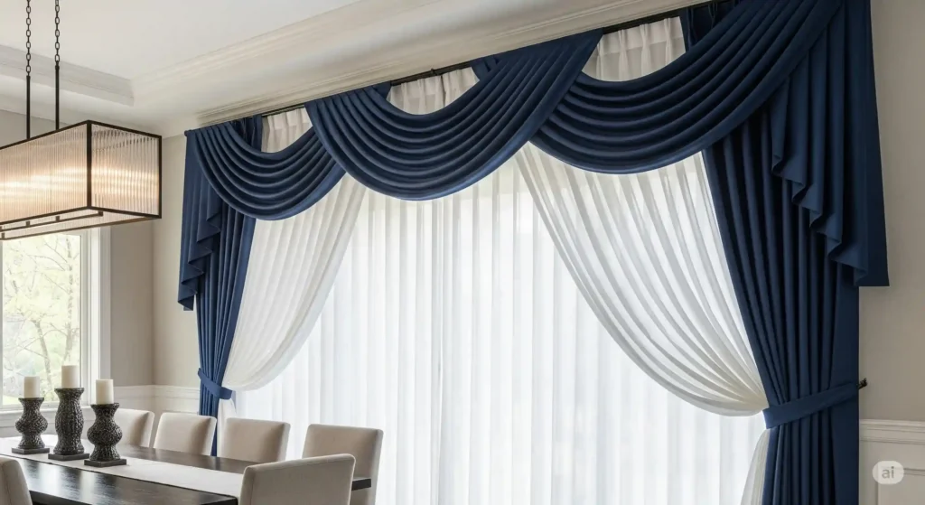 A dining room window with a 14-foot extra long curtain rod, showcasing layered curtains—sheer white under navy blue drapes—for a balanced style.