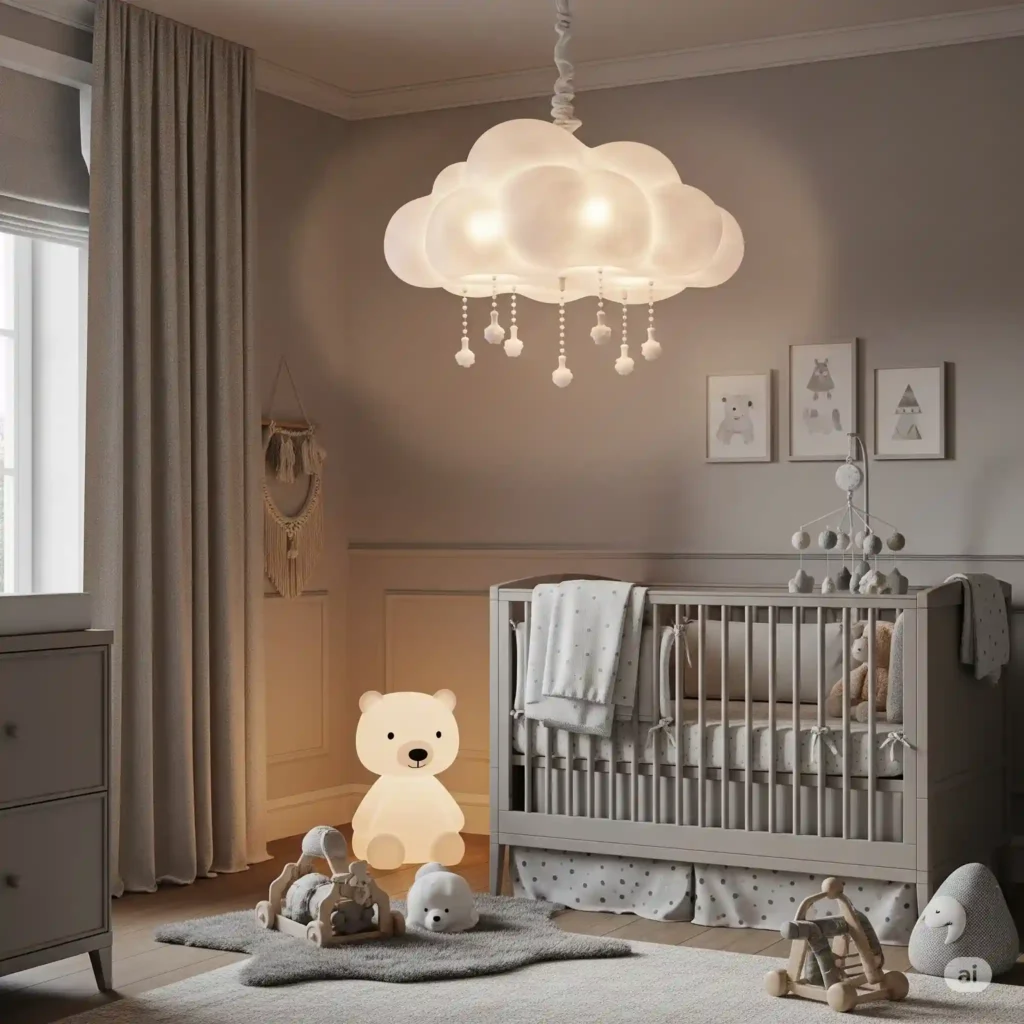 Cloud chandelier and animal lamp adding playful lighting to a nursery