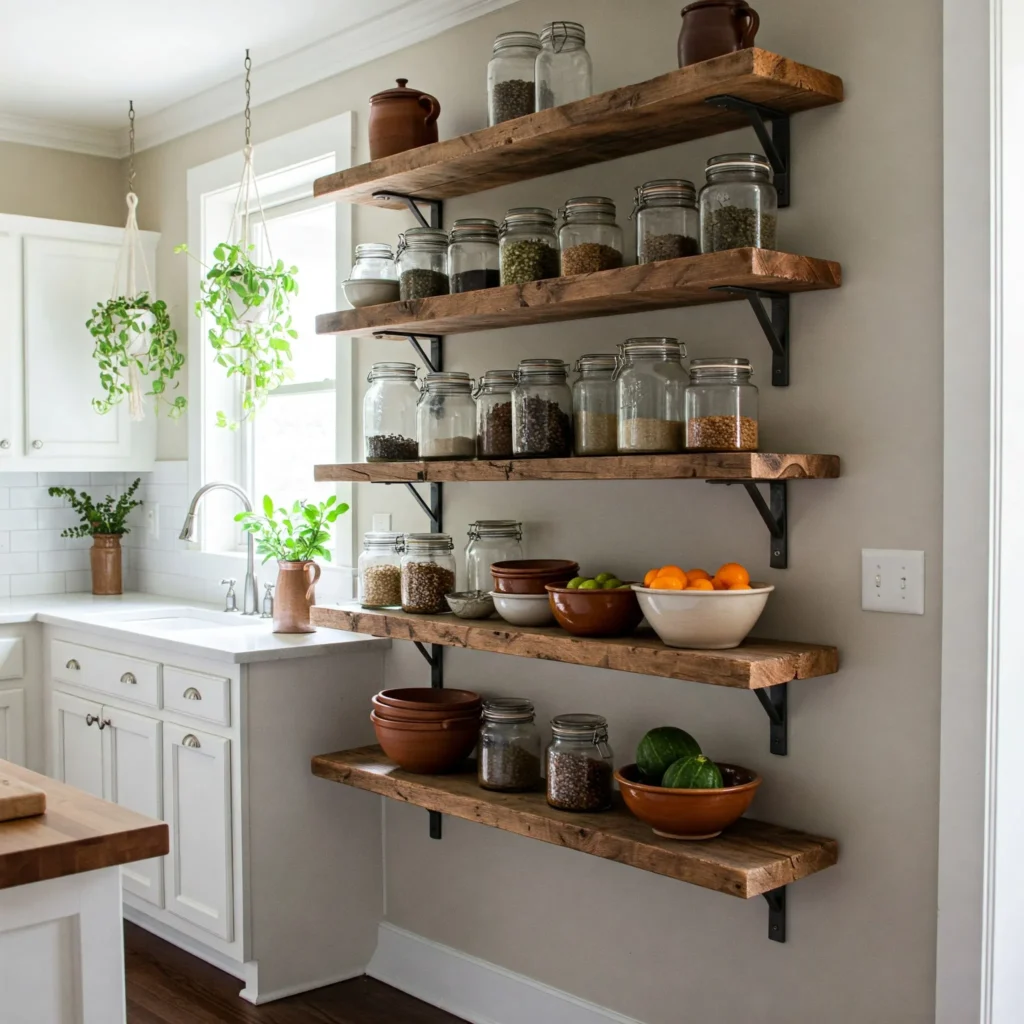 Rustic floating shelves are often made from reclaimed wood with distressed finishes