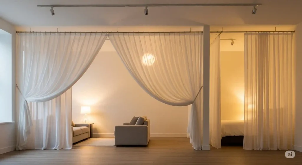 An open loft with a 15-foot extra long curtain rod on the ceiling, using sheer white curtains to divide the space into a living area and bedroom nook.