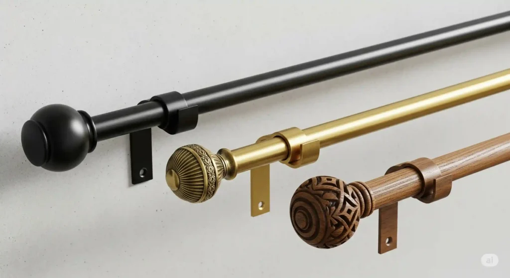 Three extra long curtain rods in different styles—matte black metal, polished brass, and rustic wood—displayed with unique finials.