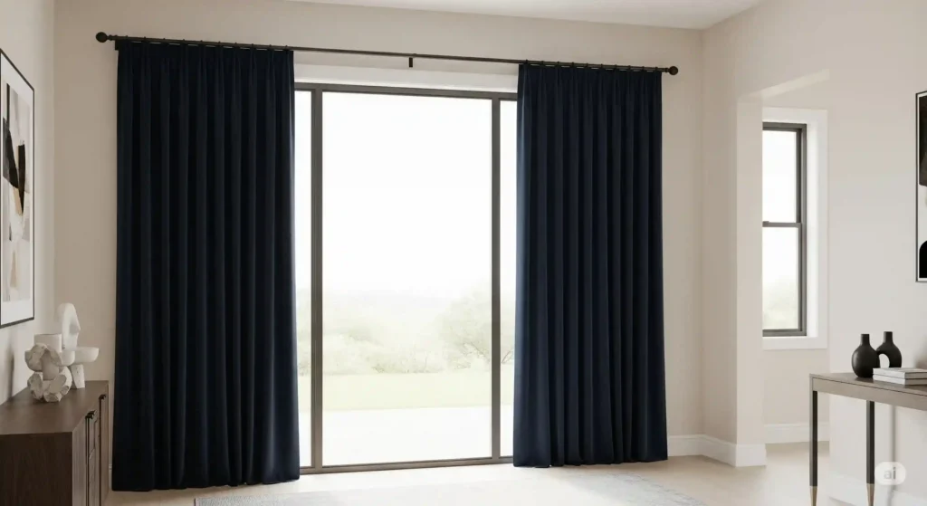 A 12-foot sliding glass door in a room, fully covered by dark blue curtains on an extra long curtain rod, providing complete light control.