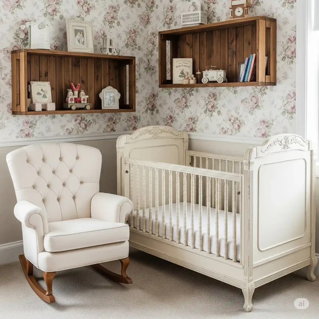 Vintage-inspired nursery with floral wallpaper and antique crib