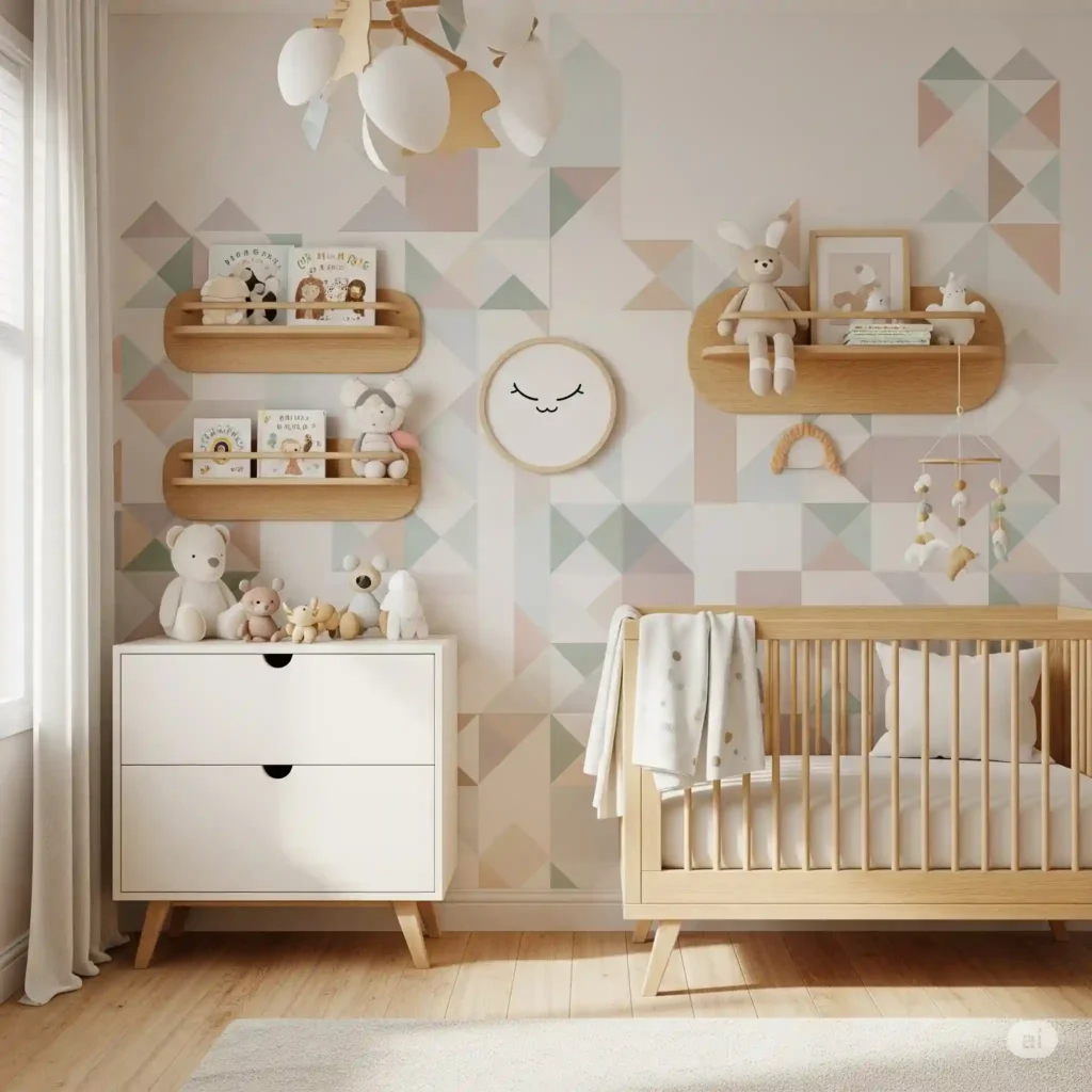 Nursery with geometric peel-and-stick wallpaper and modern decor