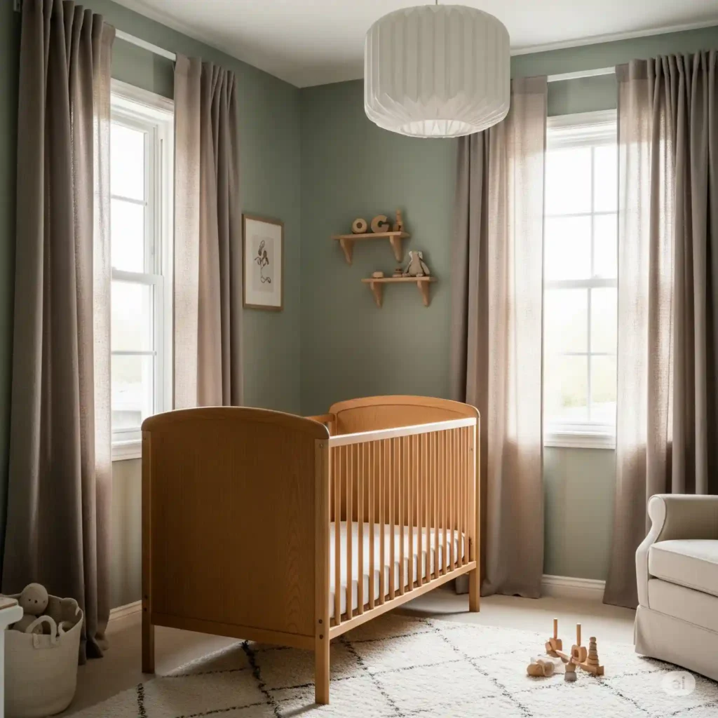 Cozy nursery with sage green walls, wooden crib, and natural lighting