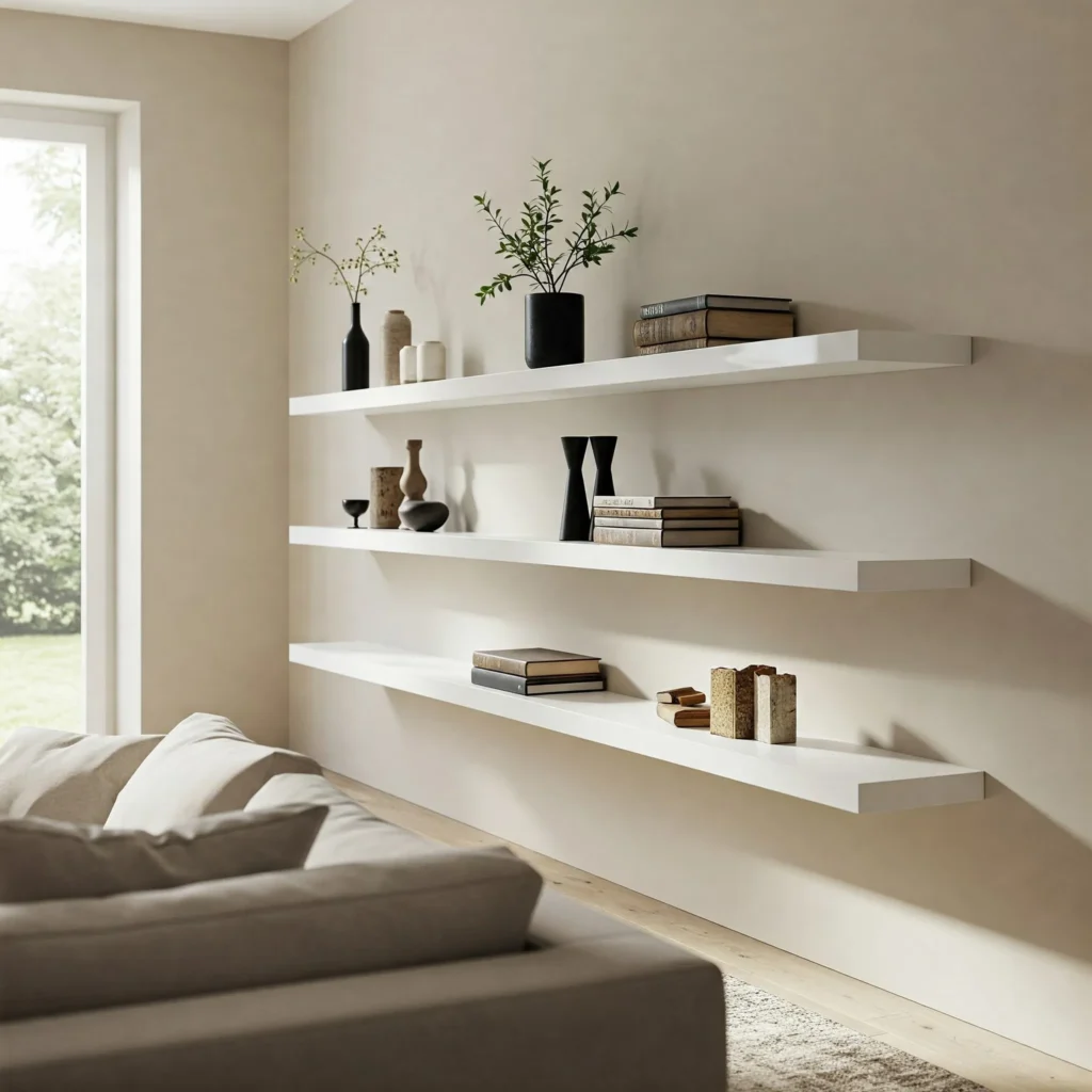 Bright white floating kitchen shelves holding dishes and small plants for a cohesive look."