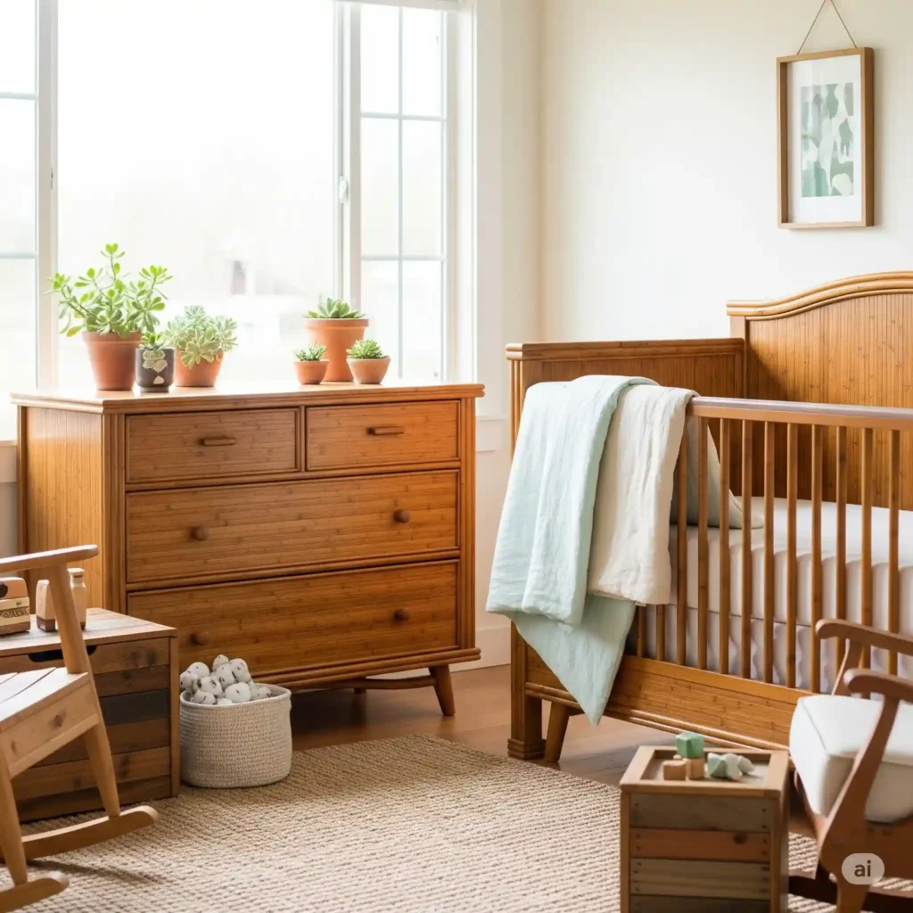 Sustainable nursery setup with bamboo furniture and organic bedding