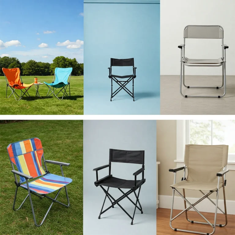 Exclusive split image showcasing multiple folding chairs including HDX Plastic, Flash Furniture Hercules Series, IKEA FRÖSVI, and LeisureMod Lawrence in diverse settings: a small apartment dining nook with wooden floors, an outdoor patio with a table, a modern dining room with glass table, and a rustic dining setup with farmhouse table.