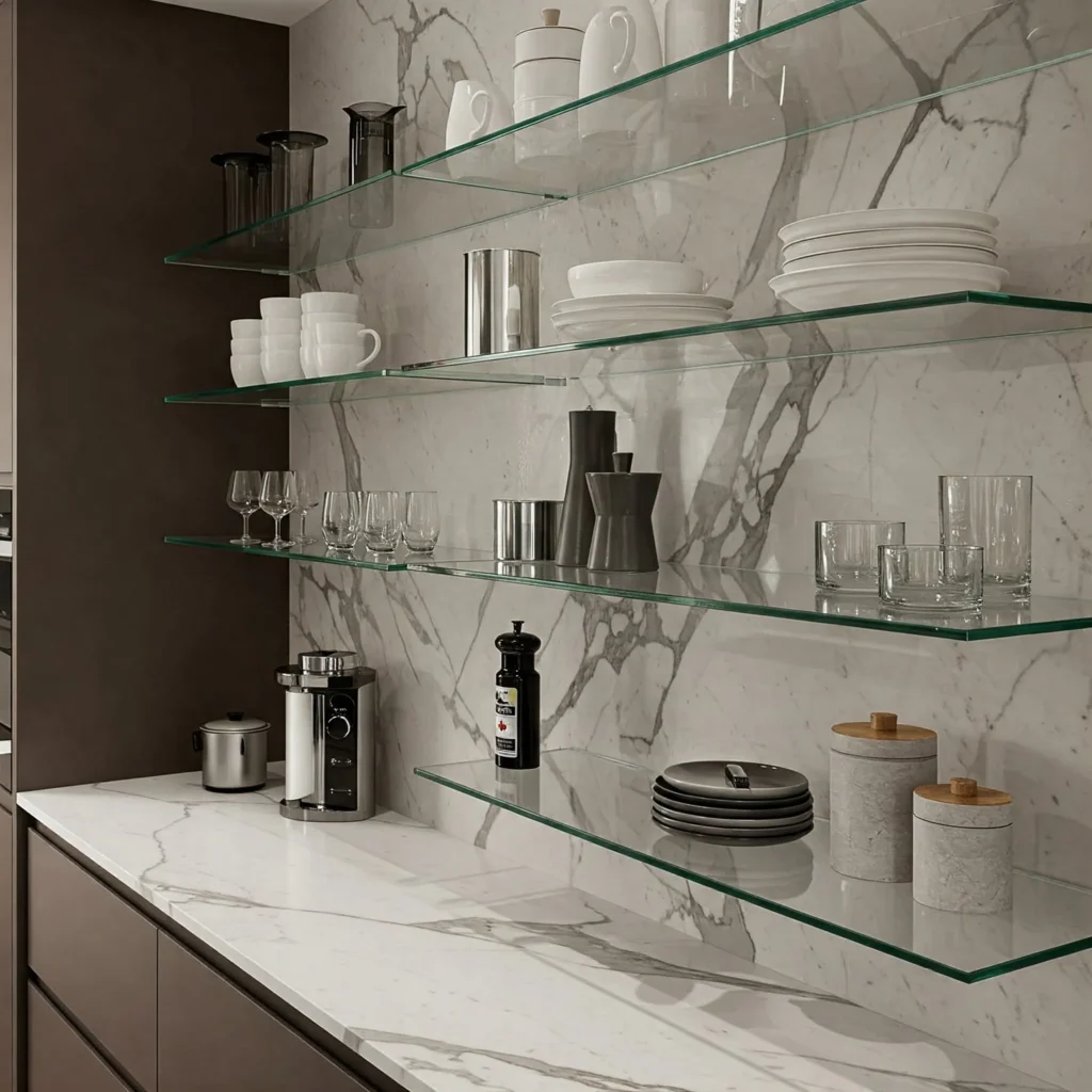 Elegant glass floating shelves with under-shelf lighting, showcasing glassware and decor.