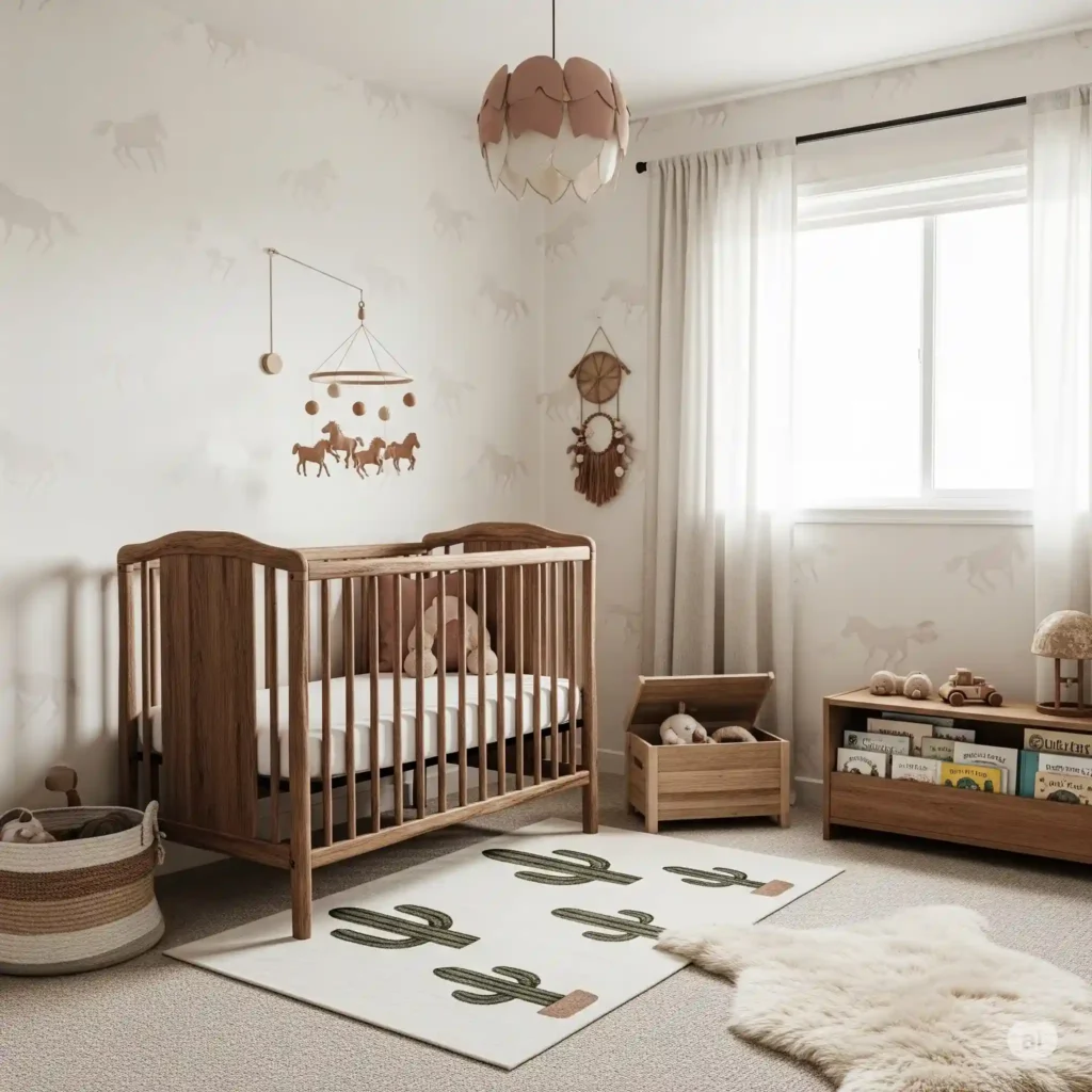 Nursery with western decor including cactus rug and rustic elements