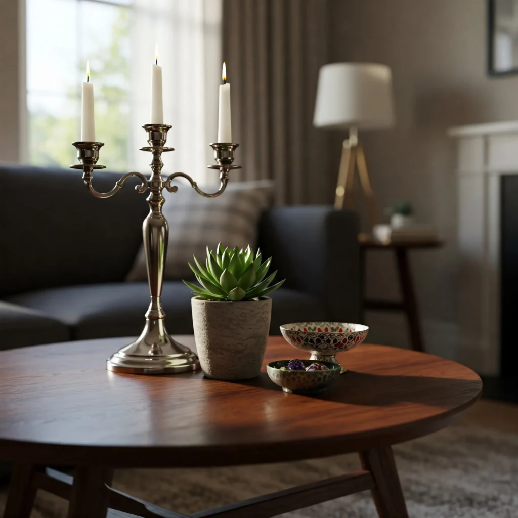 Decorated round coffee table showing three items of varying heights (vase, bowl, candle)
