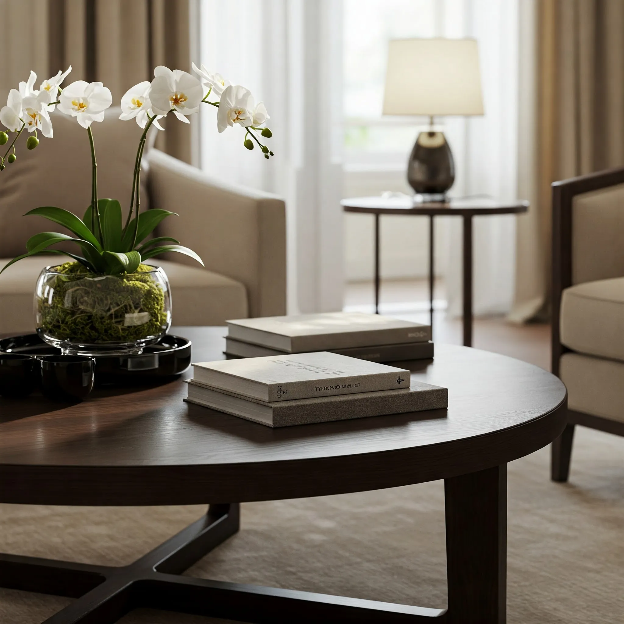 A round dark wood coffee table in a modern living room, styled with a black tray holding a glass vase of white orchids, stacked books, and a small bowl. Two beige armchairs, a side table with a lamp, and a window with sheer curtains are in the background.