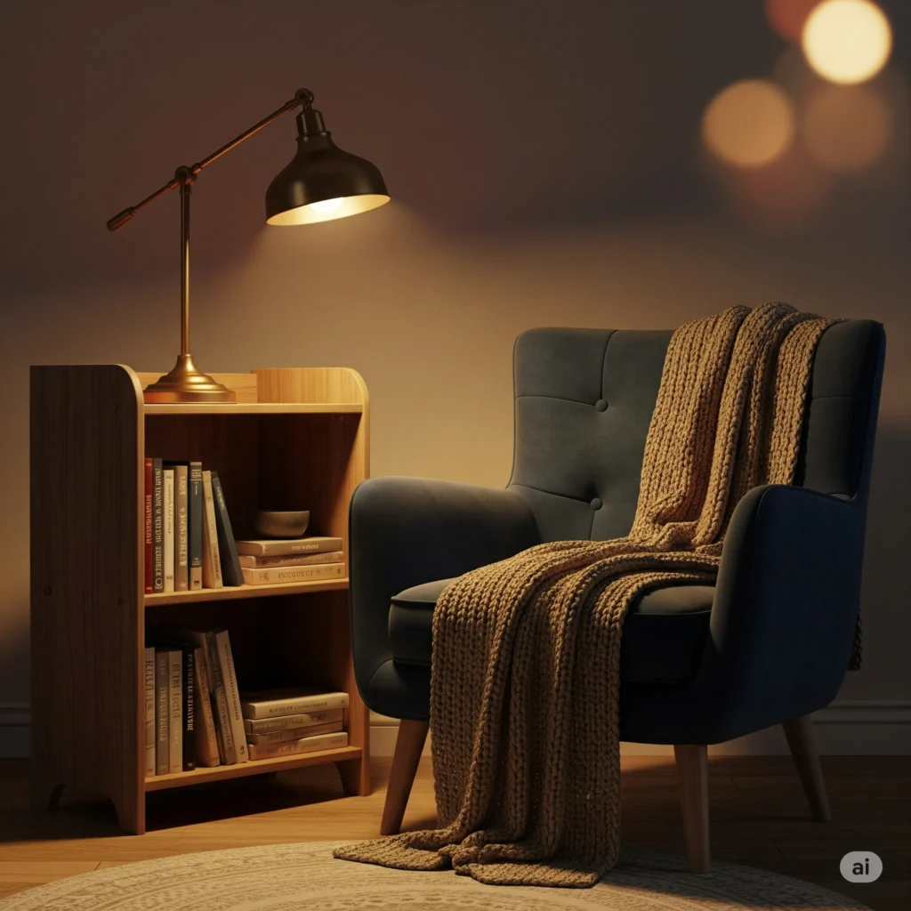 Cozy reading nook with a velvet chair, wooden bookshelf, and knit throw, lit by a warm antique brass lamp.