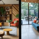 Split image showcasing 2025 home decor trends with a green velvet sofa and yellow chairs in a bold living room, and a teal sofa with orange cushions in an outdoor-indoor patio with plants and string lights.