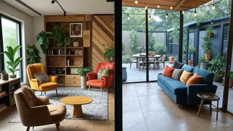 Split image showcasing 2025 home decor trends with a green velvet sofa and yellow chairs in a bold living room, and a teal sofa with orange cushions in an outdoor-indoor patio with plants and string lights.