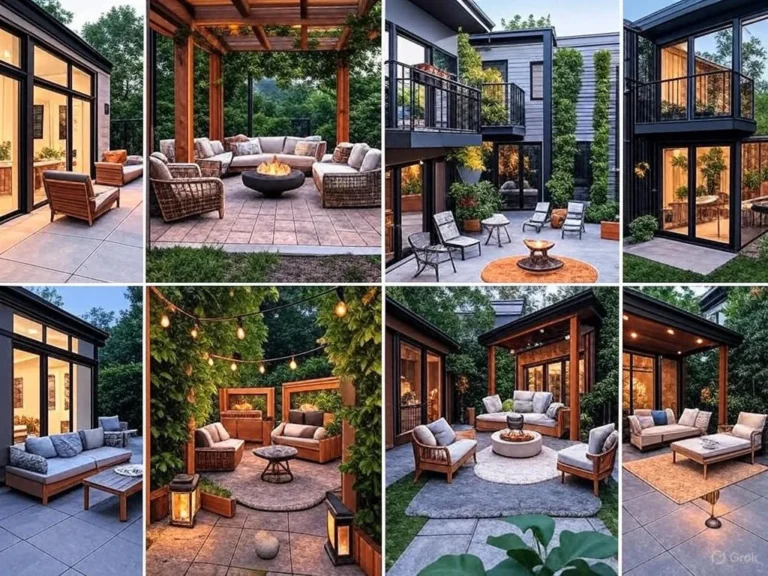 Exclusive split image of diverse outdoor patio styles, featuring modern furniture, cozy rugs, fire pits, pergolas, and DIY setups for your backyard retreat.