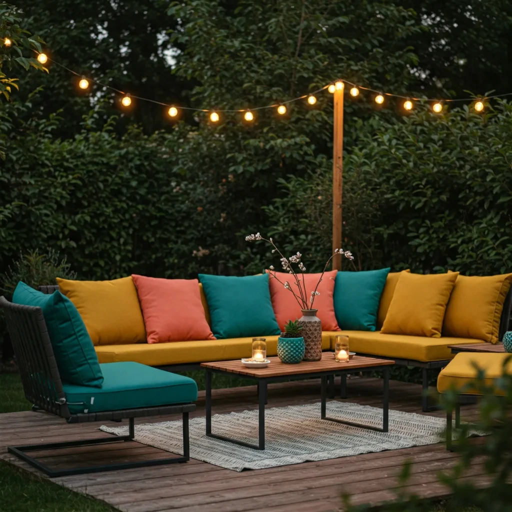 Cozy outdoor patio with modern furniture and vibrant decor.