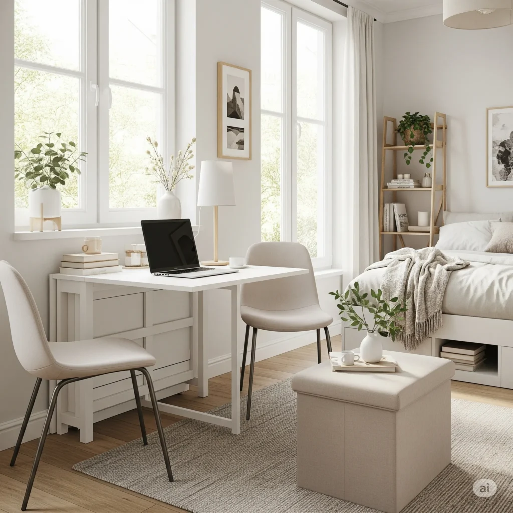 Foldable desk and storage ottoman in a bright, minimalist studio apartment, designed for small space living.