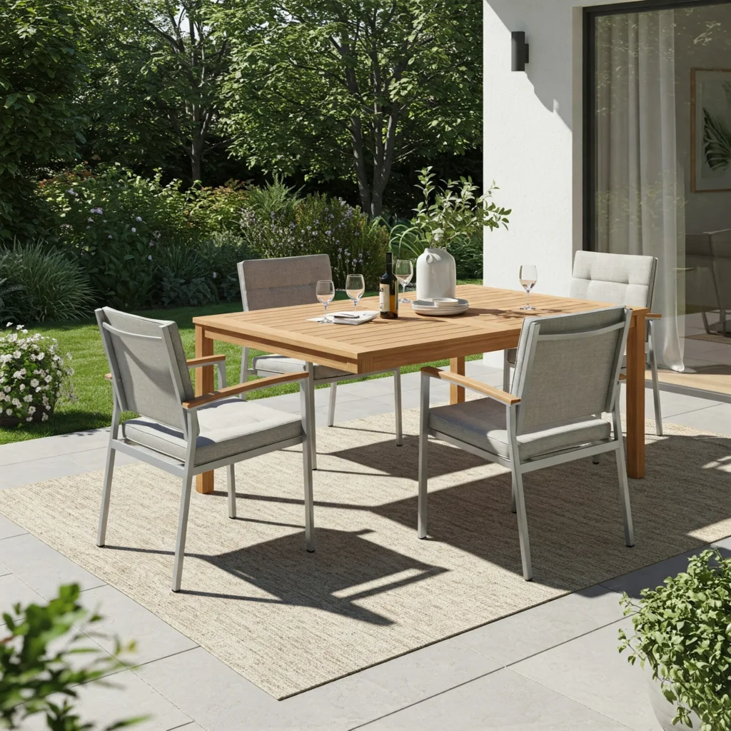 Cozy outdoor patio with modern furniture and vibrant decor.