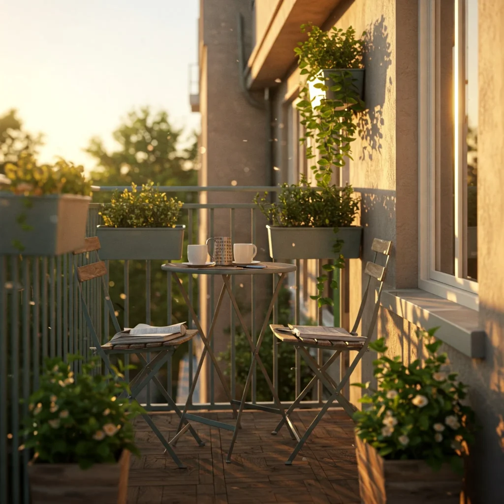 Compact balcony with a small patio table and vertical planters.