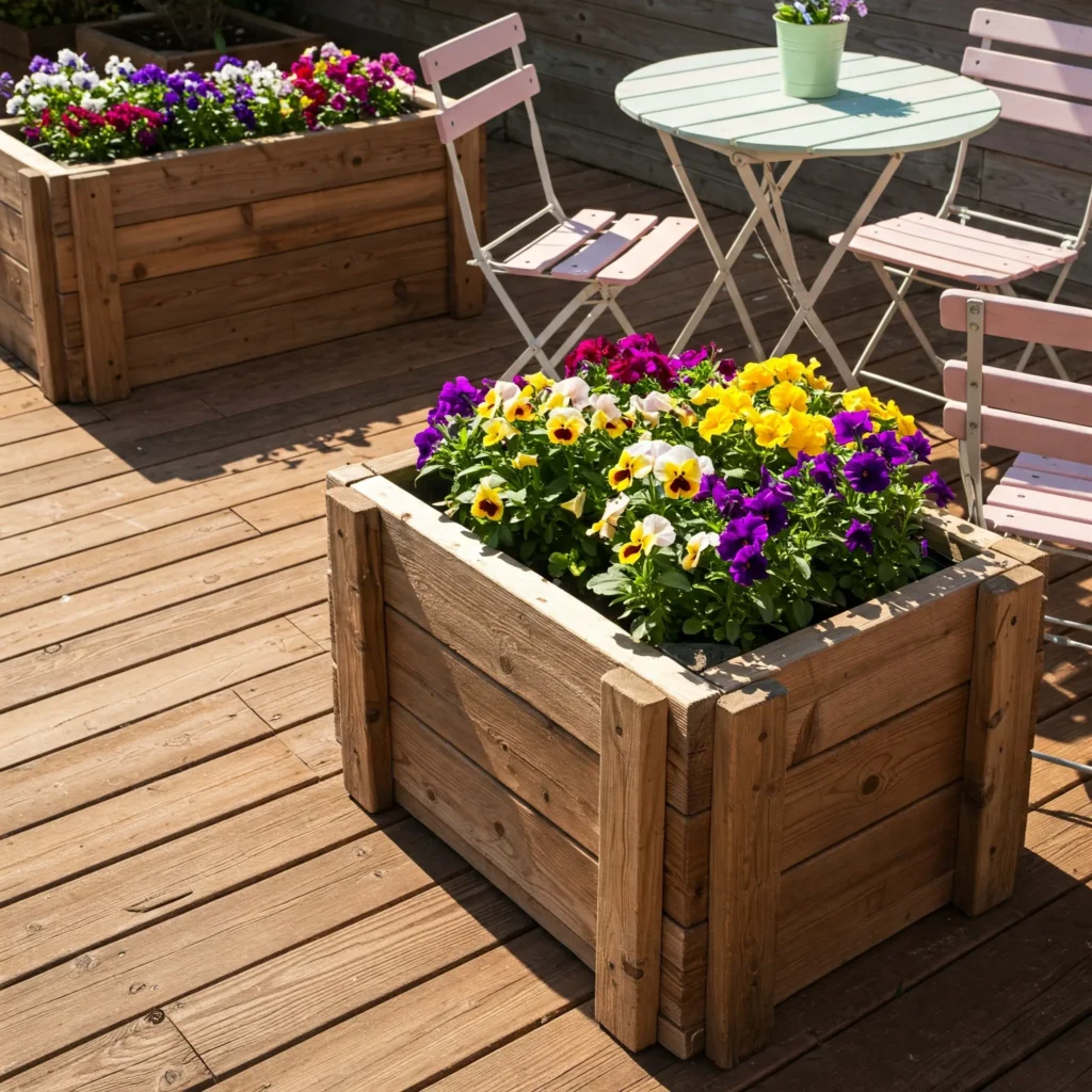 DIY wooden planter boxes on a stylish outdoor patio.