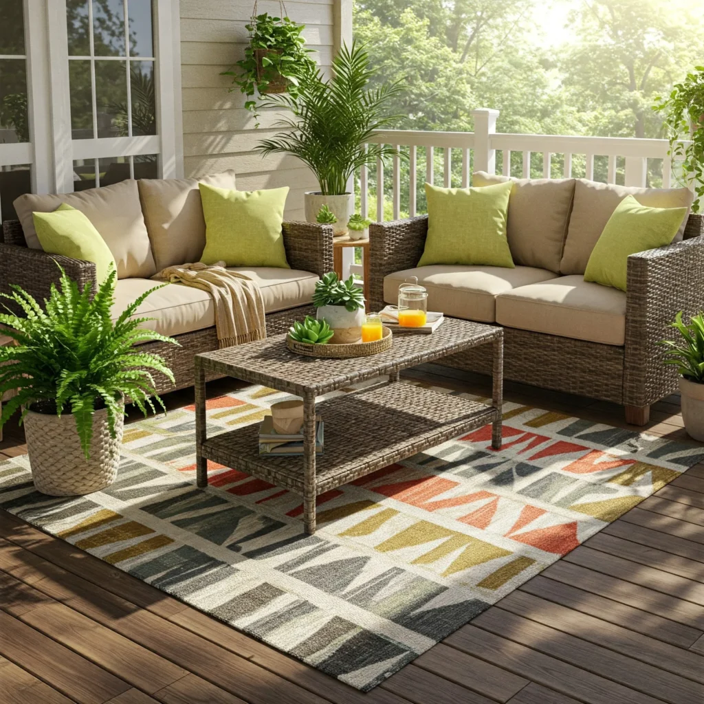 Colorful 5x7 outdoor patio rug under a cozy seating area.