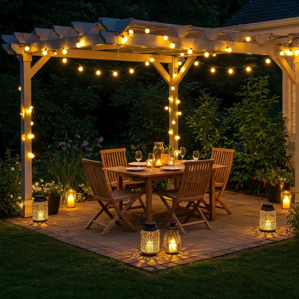 Outdoor patio with warm string lights and glowing lanterns.