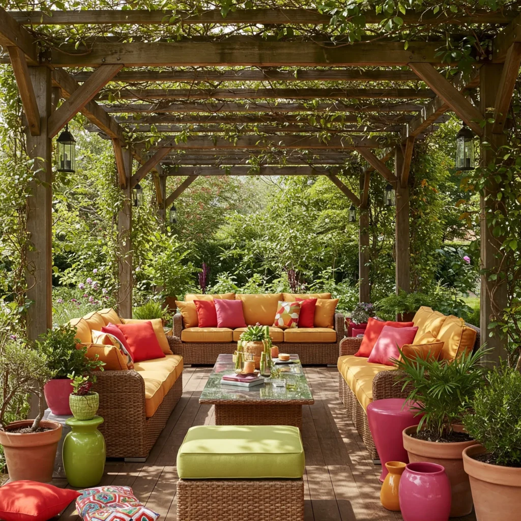 Patio with colorful cushions, potted plants, and a pergola.