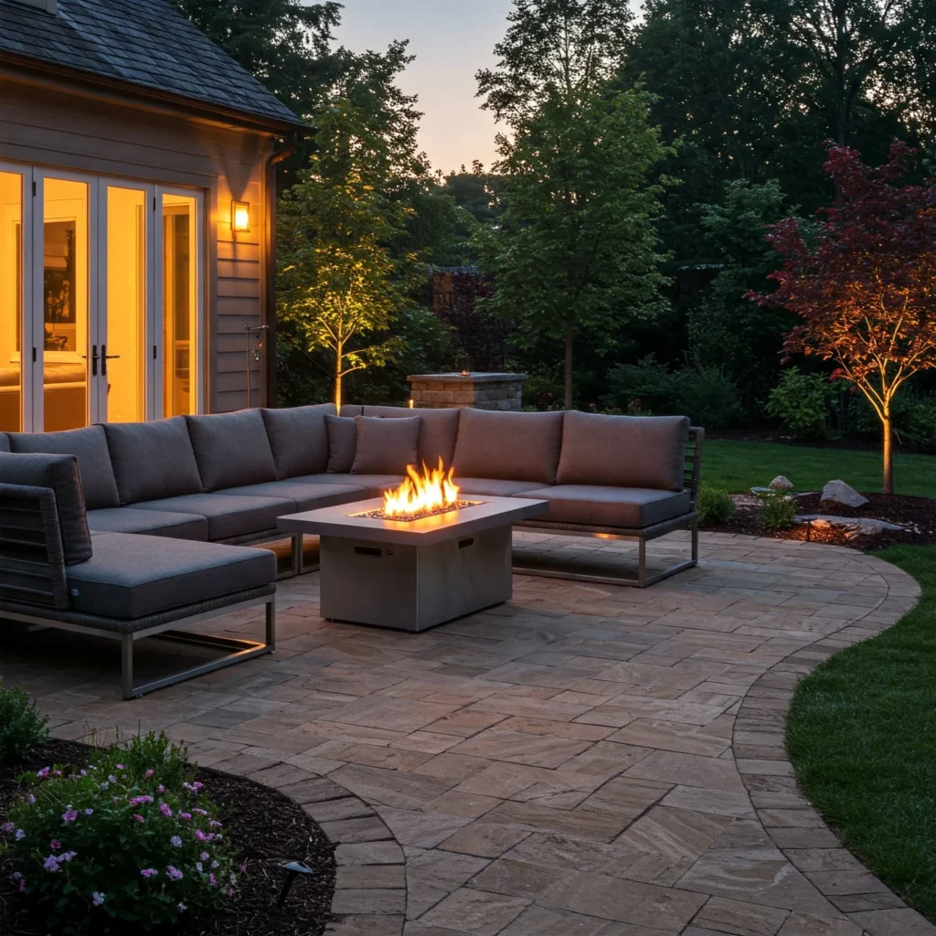 Modern patio with a gas fire pit as the central feature.