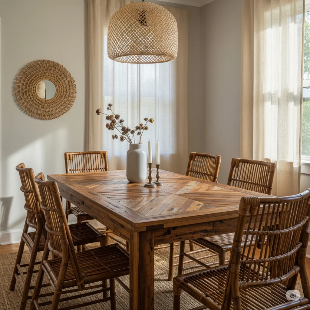 Reclaimed wood dining table with bamboo chairs in a cozy, eco-friendly dining room with neutral walls and soft sunlight.