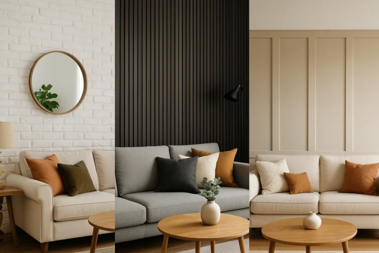Budget-friendly living room accent wall ideas featuring peel-and-stick wallpaper, floating shelves, and creative paint techniques.