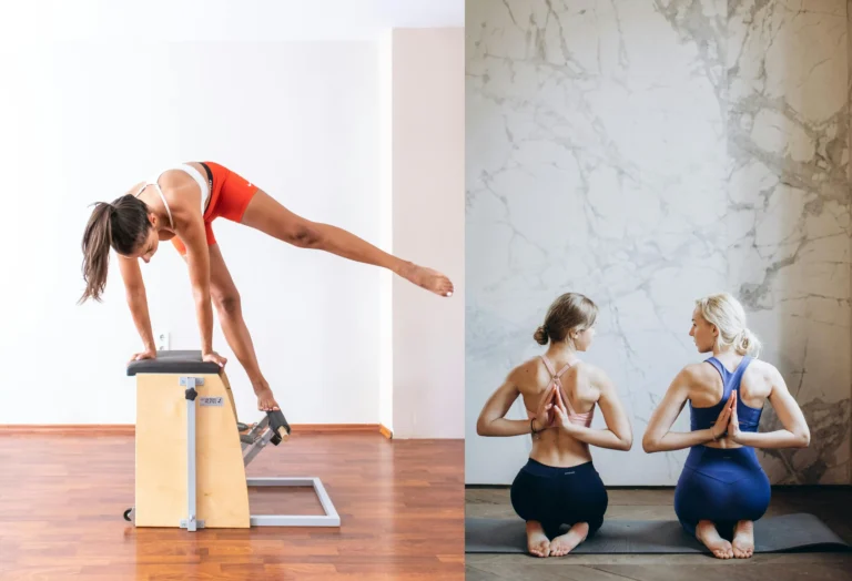 A split image showing a girl doing Pilates on a Reformer machine and a girl performing a yoga pose like downward dog in serene studios.