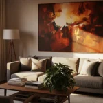Cozy living room with large abstract wall art above a gray sofa, showcasing modern living room wall decor.