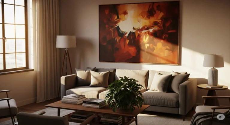 Cozy living room with large abstract wall art above a gray sofa, showcasing modern living room wall decor.
