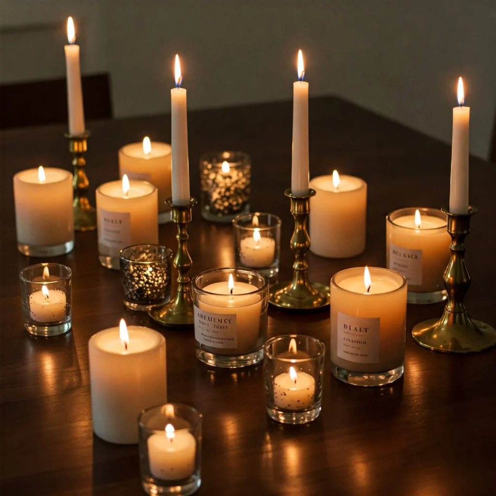 Cozy candle centerpiece dining table with lit pillar and tea light candles in brass holders for a romantic dinner.