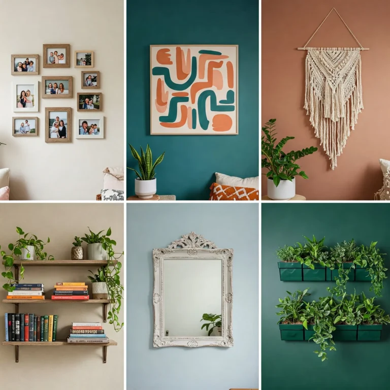 Split image featuring six DIY wall decor ideas: gallery wall with family photos, abstract painted canvas, boho fabric wall hanging, floating wooden shelves with plants and books, vintage upcycled mirror, and wall planters with greenery, each shown on a different wall background.