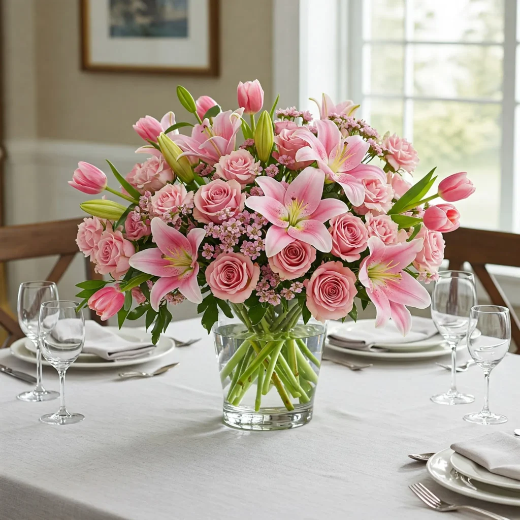 Vibrant floral centerpiece dining table with roses and lilies in a glass vase, styled for a cozy dinner." (Includes keyword "floral centerpiece dining table