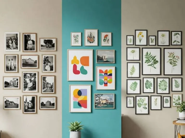 Modern living room with a beautifully arranged gallery wall showcasing various framed art pieces