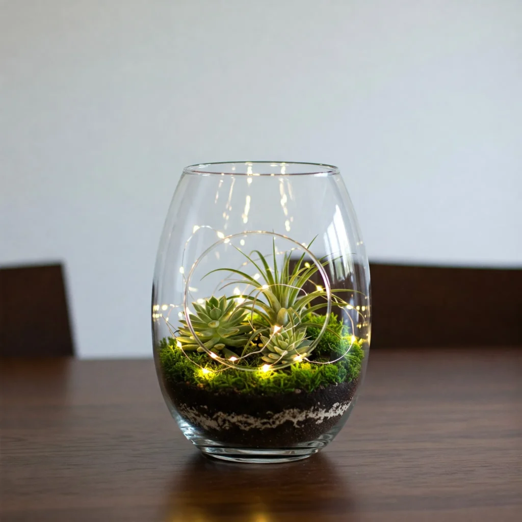 Modern glass terrarium centerpiece with succulents and fairy lights on a dining table, perfect for easy decor.