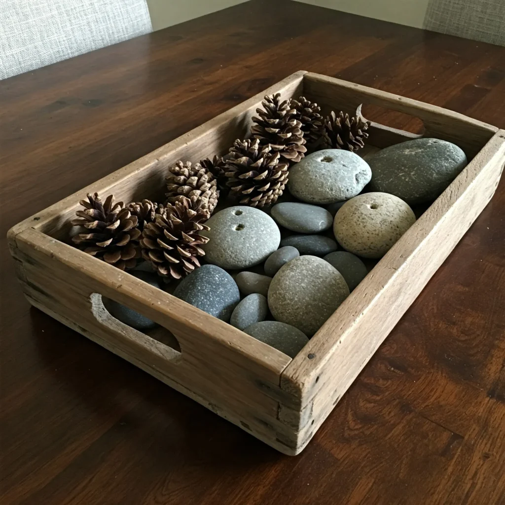 Rustic natural elements table centerpiece with pinecones and driftwood in a wooden tray for a cozy dining vibe.